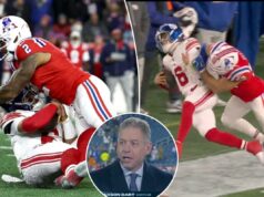 Troy Aikman preocupado com o estilo de jogo de Jaxson Dart enquanto QB sofre outro golpe esmagador após lesão Jaxson Dart, do New York Giants, é abordado por Harold Landry III, do New England Patriots.
