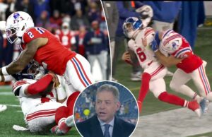 Troy Aikman preocupado com o estilo de jogo de Jaxson Dart enquanto QB sofre outro golpe esmagador após lesão Jaxson Dart, do New York Giants, é abordado por Harold Landry III, do New England Patriots.