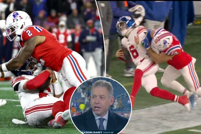 Troy Aikman preocupado com o estilo de jogo de Jaxson Jaxson Dart, do New York Giants, é abordado por Harold Landry III, do New England Patriots.