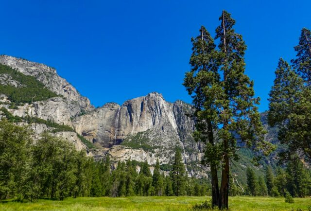 A waterfall near the El Capitan rock formation in Yosemite National Park in the US state of California.
