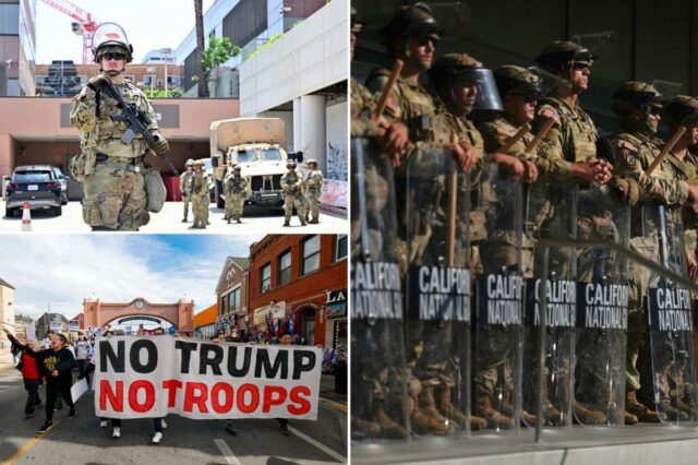 Trump retirando a Guarda Nacional de Chicago, Portland e Los Membro armado da Guarda Nacional em uniforme camuflado, usando capacete com viseira transparente, em pé com um rifle do lado de fora do Edifício Federal Edward Roybal, em Los Angeles, com pichações visíveis.