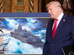 Trump revela novo navio de guerra – com seu próprio nome Trump revela novo navio de guerra – com seu próprio nome