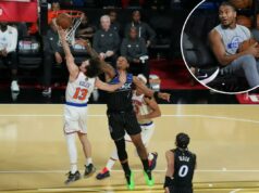 Tyler Kolek faz uma declaração sobre os Knicks nas semifinais da Copa da NBA com Miles McBride de fora O armador do New York Knicks, Tyler Kolek (13), chuta sobre o atacante do Orlando Magic, Paolo Banchero (5).