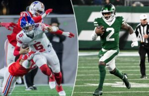 Tyrod Taylor recebe aviso de Jaxson Dart enquanto Giants QB assume uma curva de aprendizado de dupla ameaça Tyrod Taylor correndo com a bola de futebol para uma primeira descida.