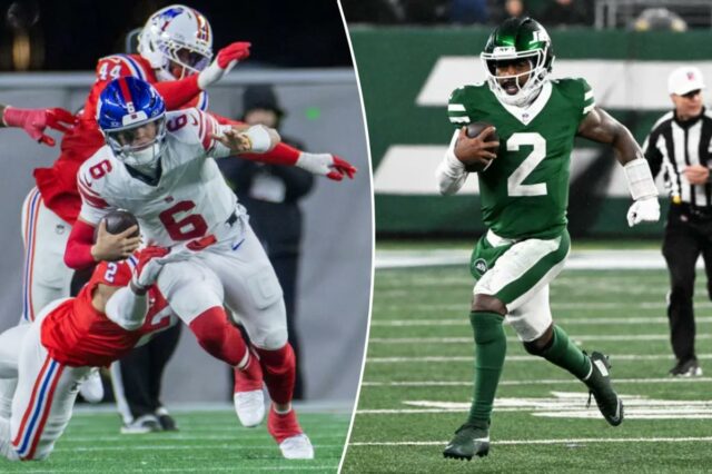 Tyrod Taylor correndo com a bola de futebol para uma primeira descida.