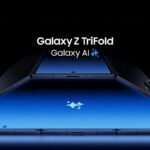 Smartphone Huawei com três dobras contra um fundo geométrico