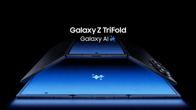 Smartphone Huawei com três dobras contra um fundo geométrico