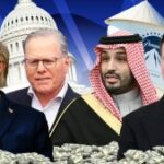 O presidente Donald Trump, o CEO do WBD, David Zaslav, o príncipe herdeiro e primeiro-ministro da Arábia Saudita, Mohammed bin Salman, e o CEO da Paramount, David Ellison. (Getty Images/Chris Smith para TheWrap)