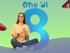 Uma UI 8 finalmente consertou a gaveta de aplicativos, então por que ainda odeio isso? Uma mulher sorrindo enquanto usa um smartphone Samsung Galaxy, com placas de interface One UI 8 coloridas em segundo plano.