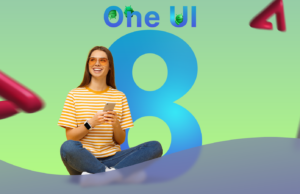 Uma UI 8 finalmente consertou a gaveta de aplicativos, então por que ainda odeio isso? Uma mulher sorrindo enquanto usa um smartphone Samsung Galaxy, com placas de interface One UI 8 coloridas em segundo plano.