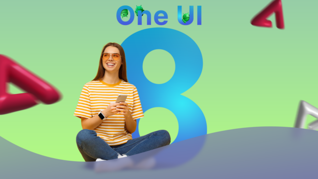 Uma mulher sorrindo enquanto usa um smartphone Samsung Galaxy, com placas de interface One UI 8 coloridas em segundo plano.