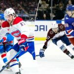 Josh Anderson, do Montreal Canadiens, patina com o disco contra Urho Vaakanainen, do New York Rangers.