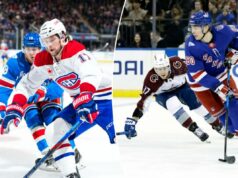 Urho Vaakanainen substitui Scott Morrow na escalação enquanto a busca de Mike Sullivan pelos Rangers continua Josh Anderson, do Montreal Canadiens, patina com o disco contra Urho Vaakanainen, do New York Rangers.