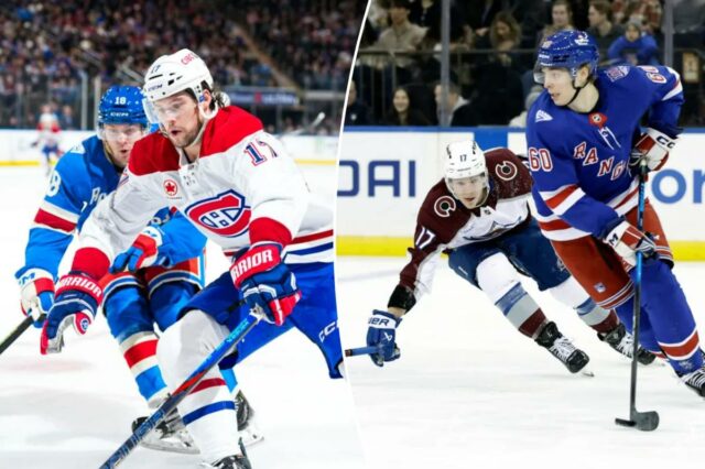 Urho Vaakanainen substitui Scott Morrow na escalação enquanto a busca Josh Anderson, do Montreal Canadiens, patina com o disco contra Urho Vaakanainen, do New York Rangers.