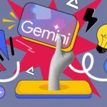 Mulher sorridente usando um laptop cercado por ícones Gemini Gems