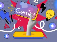Usei Gêmeos como tutor pessoal para coisas que finjo entender Mulher sorridente usando um laptop cercado por ícones Gemini Gems