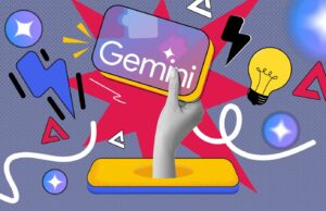 Usei Gêmeos como tutor pessoal para coisas que finjo entender Mulher sorridente usando um laptop cercado por ícones Gemini Gems