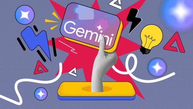 Usei Gêmeos como tutor pessoal para coisas que finjo entender Mulher sorridente usando um laptop cercado por ícones Gemini Gems