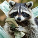 Uma fotografia em close de um guaxinim com suas distintas marcas de máscara preta e pêlo cinza fofo, segurando um grosso maço de notas de dólar novinhas em suas pequenas patas. Os olhos escuros do guaxinim brilham com malícia enquanto ele olha diretamente para a câmera, seus bigodes se contorcendo de excitação. Notas verdes de vinte e cem dólares estão espalhadas pelos pés do guaxinim e algumas estão enfiadas atrás das orelhas, criando uma cena extravagante de riqueza da floresta. O fundo é suavemente desfocado com uma iluminação natural e quente que destaca a textura da pele do guaxinim e o verde vivo da moeda.