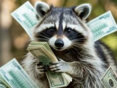 Usuário da Polymarket ganha mais de US$ 1 milhão com suposições do Google Uma fotografia em close de um guaxinim com suas distintas marcas de máscara preta e pêlo cinza fofo, segurando um grosso maço de notas de dólar novinhas em suas pequenas patas. Os olhos escuros do guaxinim brilham com malícia enquanto ele olha diretamente para a câmera, seus bigodes se contorcendo de excitação. Notas verdes de vinte e cem dólares estão espalhadas pelos pés do guaxinim e algumas estão enfiadas atrás das orelhas, criando uma cena extravagante de riqueza da floresta. O fundo é suavemente desfocado com uma iluminação natural e quente que destaca a textura da pele do guaxinim e o verde vivo da moeda.