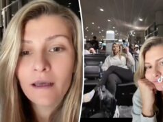 Vídeo de aeroporto expõe a maneira ‘assustadora’ como mulheres estão sendo filmadas secretamente Lauren Britt expondo como as mulheres são filmadas secretamente em público, mostrando uma mulher em um terminal de aeroporto filmada sem o seu conhecimento ao lado de Lauren Britt falando para a câmera.