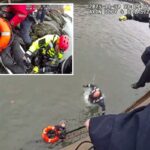 Uma pessoa jogando uma corda de resgate para duas pessoas em águas turbulentas abaixo.