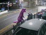 Você acha que eles nos viram? Fly-tipper veste fantasia roxa de T Rex para evitar ser detectado enquanto joga sacos de lixo na rua