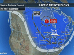Vórtice polar triplo mergulhará o centro e o leste dos EUA no frio do Ártico até meados de dezembro Uma mulher corre no meio de uma rua durante uma tempestade de neve.