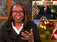 Whoopi Goldberg diz que o recebimento de bônus por tropas é um suborno de Trump para seguir ordens Donald Trump discursando no horário nobre na Casa Branca, atrás de um pódio com o Selo Presidencial.