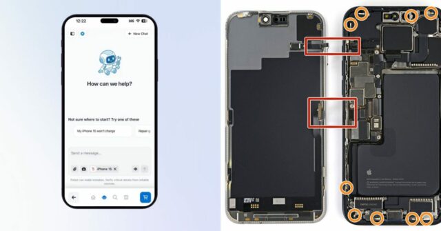 iFixit lança auxiliar de reparo FixBot AI, com versões gratuitas iFixit lança auxiliar de reparo FixBot AI, com versões gratuitas e pagas | Aplicativo visto em um iPhone junto com uma foto instrutiva do iPhone 15