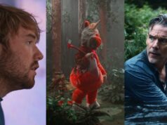 14 dos filmes mais badalados à venda no Sundance Uma fantasia de mascote de uniforme laranja fica enfaixada e ensanguentada na floresta com um machado