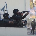 Forças de segurança da Guatemala disparando armas para recuperar o controle de uma prisão.