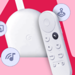 Chromecast com Google TV centralizado em um fundo azul multicolorido