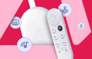 4 maneiras fáceis de tornar seu antigo Chromecast útil novamente Chromecast com Google TV centralizado em um fundo azul multicolorido