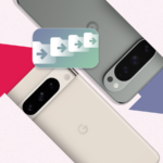 Uma mão segurando um telefone com ícones de câmera, segurança e bateria ao redor com um sinal de alerta.