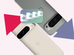 5 dicas para tornar a troca de dispositivos indolor Uma mão segurando um telefone com ícones de câmera, segurança e bateria ao redor com um sinal de alerta.