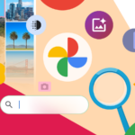 Homem sorridente usando um smartphone com o logotipo do Google Gallery Go e miniaturas de fotos em segundo plano.