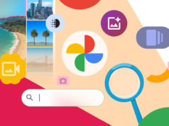 5 recursos do Google Fotos que (ainda) não têm uma boa alternativa de aplicativo de código aberto Homem sorridente usando um smartphone com o logotipo do Google Gallery Go e miniaturas de fotos em segundo plano.