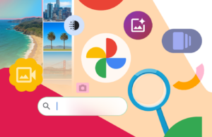 5 recursos do Google Fotos que (ainda) não têm uma boa alternativa de aplicativo de código aberto Homem sorridente usando um smartphone com o logotipo do Google Gallery Go e miniaturas de fotos em segundo plano.