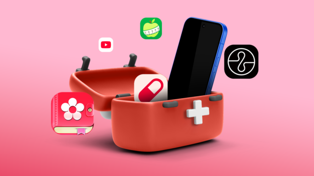 Mulher estressada olhando para o telefone, parcialmente submerso na água, cercado por raios e ícones de aplicativos calmantes e de saúde mental.