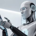 Um elegante robô humanóide de IA com painéis cromados polidos e preto fosco segura um smartphone moderno em seus dedos metálicos articulados. O robô possui tiras de LED azuis brilhantes ao longo de suas juntas e um painel frontal liso e inexpressivo que reflete a luz da tela do telefone. Sua postura é suave e precisa ao embalar o dispositivo, com servomecanismos visíveis e detalhes de cabos adicionando autenticidade mecânica. O fundo é um ambiente de laboratório de tecnologia limpo e minimalista, com iluminação branca suave que destaca as superfícies reflexivas do robô e o design elegante do telefone. A IA agora alimenta quase metade de todas as apostas, segundo novo relatório