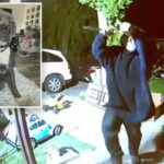 Imagens de câmeras de segurança mostram um homem com um moletom com capuz tentando invadir uma casa à noite.