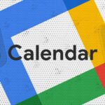 Mulher sorridente usando um smartphone em frente a um ícone do Google Agenda, cercado por uma paleta de cores, um sino de notificação desativado e um rótulo