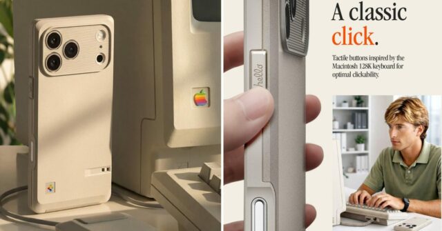 Capa para iPhone 17 Pro oferece homenagem ao Macintosh original de 1984 | Case Spigen LS visto ao lado de um Macintosh