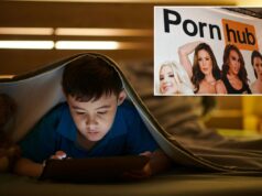 A gamificação da pornografia gráfica é catastrófica para a nossa sociedade – pois altera as mentes e almas das crianças Exibição do estande do Pornhub em uma exposição de entretenimento adulto, com o logotipo da marca e diversas mulheres.