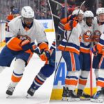 Curtis Lazar nº 20 do Edmonton Oilers luta pelo disco contra Anthony Duclair nº 11 do New York Islanders durante o segundo período do jogo em Rogers Place em 15 de janeiro de 2026, em Edmonton, Alberta, Canadá.
