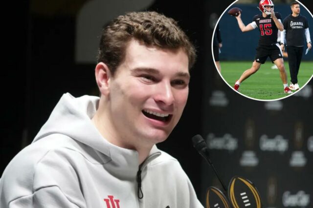 O quarterback do Indiana Hoosiers, Fernando Mendoza, durante o dia da mídia para o Campeonato Nacional de Playoff de Futebol Universitário de 2025 no Centro de Convenções de Miami Beach. 