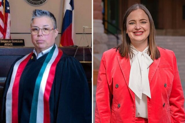Rosie Speedlin Gonzalez, juíza, ao lado de uma bandeira de arco-íris em um tribunal.