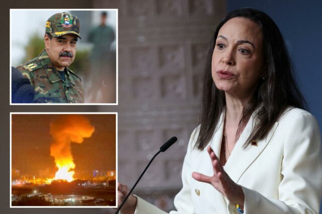 A líder da oposição venezuelana, Maria Corina Machado, falando em entrevista coletiva.