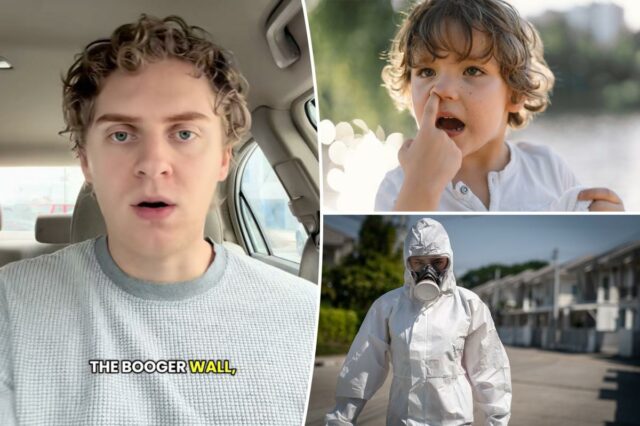 Um menino de cabelos cacheados cutucando o nariz, com a boca aberta, ao ar livre.